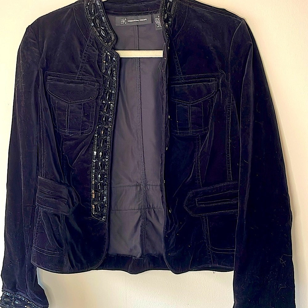 INC Black Velvet Blazer with Adornments